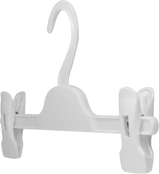 White kids pants hanger with two adjustable clips, curved hook and wide bar