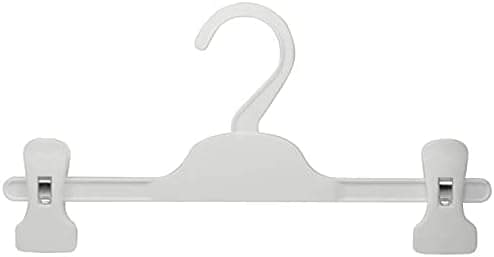 White pants hanger with curved hook and two clamp clips on a flat bar