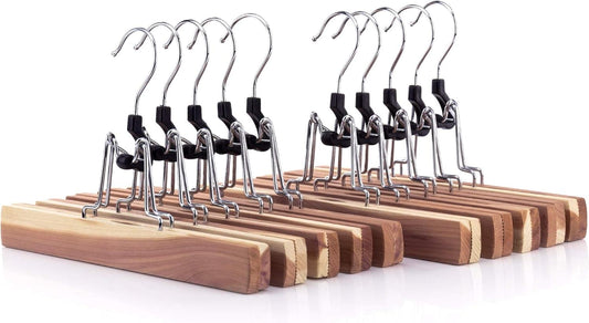Pack of 10 skirt and pants hangers with cedar wood bars and metal clamp clips