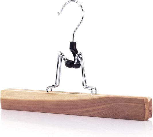 Skirt and pants hanger with black clamp clips and silver metal hooks