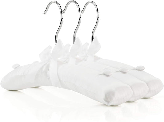 Set of three small satin padded kids hangers with curved metal hook, white fabric