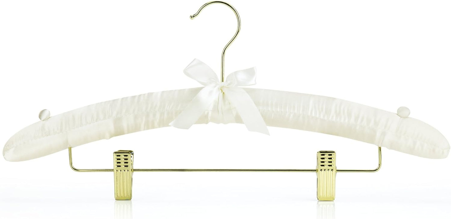 HANGERWORLD Pack of 5 Ivory Satin Padded Hangers with Clips for Skirts, Pants & Sweaters with Non-Slip Buttons, Pretty Hanger for Women Clothing - 17 Inch