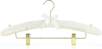 HANGERWORLD Pack of 5 Ivory Satin Padded Hangers with Clips for Skirts, Pants & Sweaters with Non-Slip Buttons, Pretty Hanger for Women Clothing - 17 Inch