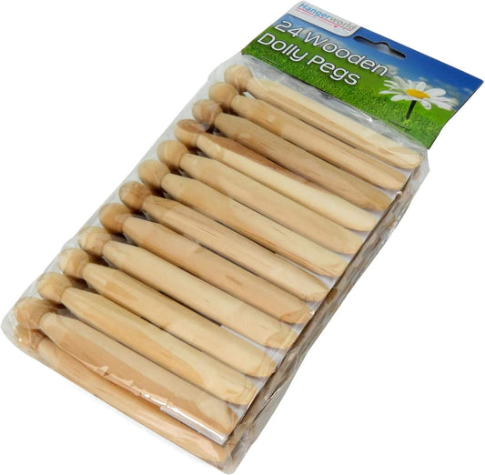 Wooden dolly clothespins in clear plastic pack, multiple light wood pegs