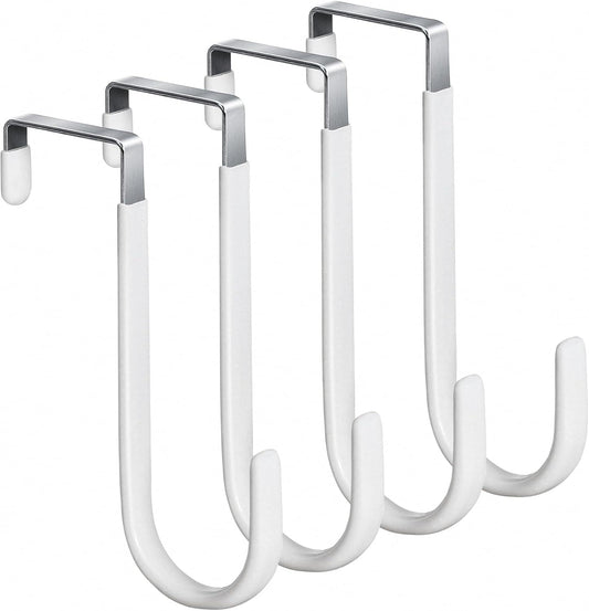 Close-up of four white over-door hooks with U-shaped arms and silver brackets