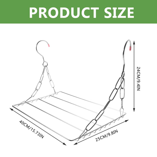 Clothes drying rack with two hanging hooks, chain supports, and rectangular drying bars