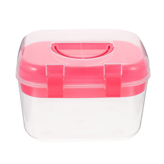 Clear plastic storage box with pink lid and top carry handle