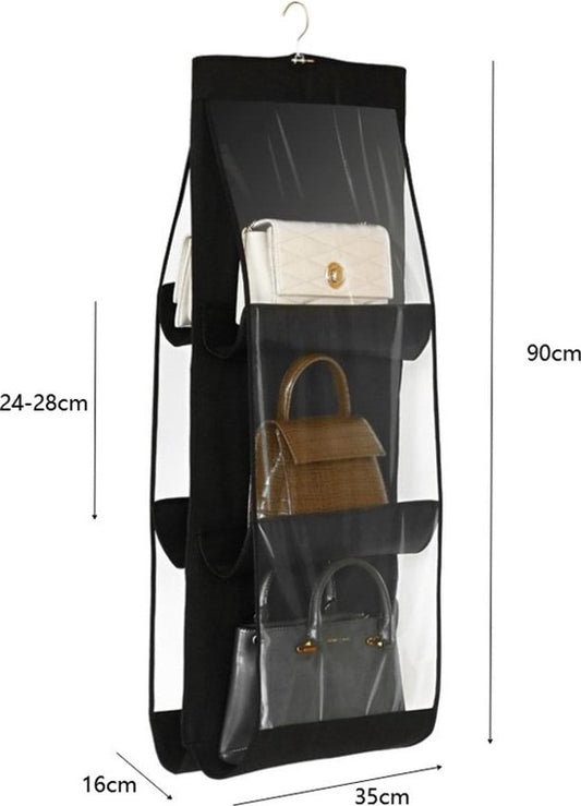 Hanging black handbag organizer with three clear pockets and multiple bag compartments