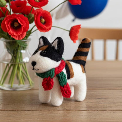 Handmade Wool Felt Calico Cat with Christmas Scarf Ornament