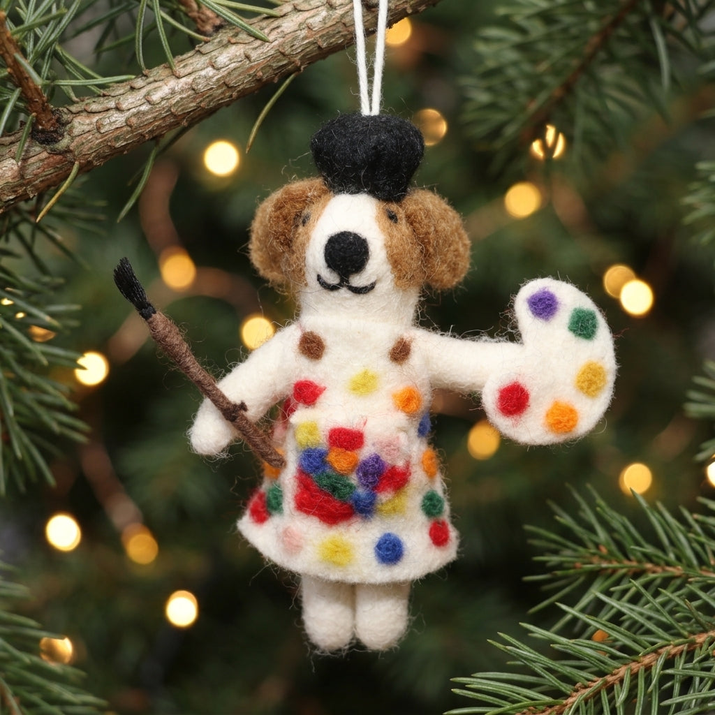 Handmade Wool Felt Artist Dog Ornament