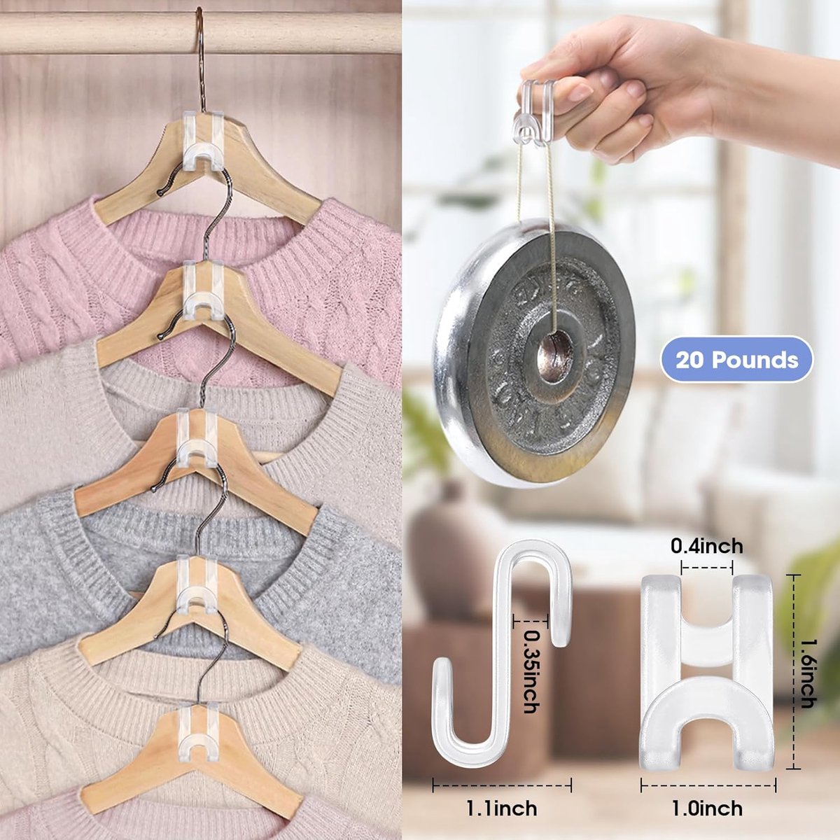 Hanger Hooks | Hooks - S-Hook Hangers - Transparent - 100 Pieces - Coat Hook - Space-Saving Hanger Connector Hooks - Plastic Hanger Connectors - Ideal for Organizing Your Wardrobe