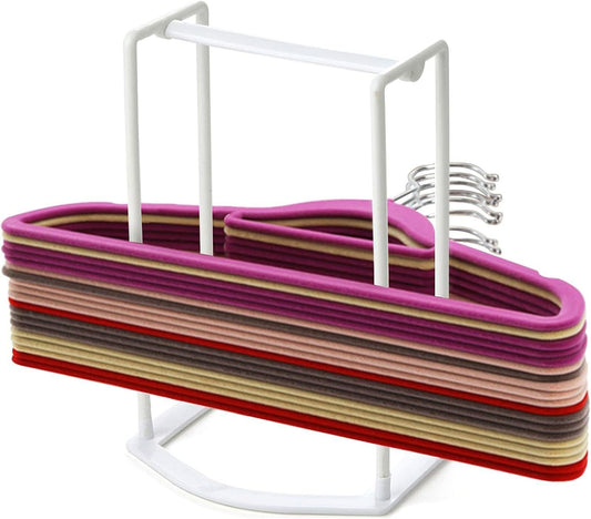 White portable hanger stacker organizer stand with multi-tier rail and colorful hangers