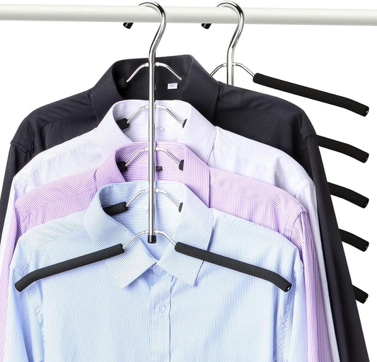 Multi-arm padded clothes hanger with black non-slip arms holding shirts