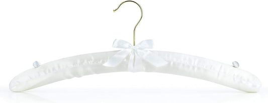 White satin padded garment hanger with bow, gold hook, smooth fabric cover