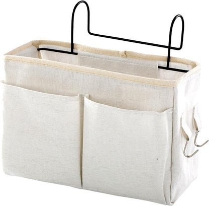 Hanging Basket - Bag Organizer - Bed Bag Holder - Storage Bags - Bed Organizer - Hanging Storage Bags - Dorm Organizer - 30*10*19 cm - Off-White - with 4 Pockets and 2 Hooks - Canvas - for Bunk Bed, Hospital Bed, Dorm, Camping