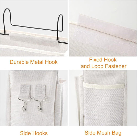 Off-white hanging canvas organizer bag with two metal hooks, side pockets, and mesh panel.