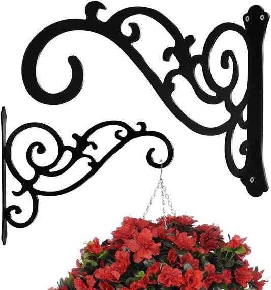Black metal scroll wall bracket with hanging hook and decorative side arms