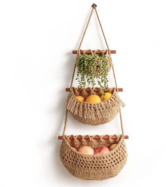 3-tier woven jute hanging organizer with three bag compartments and wooden bar straps