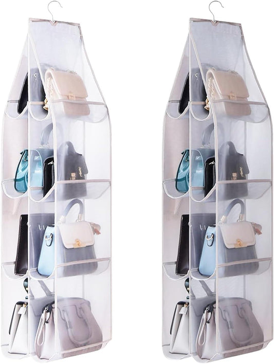 Transparent hanging handbag organizer, white trim, 8 mesh pockets for handbags and accessories