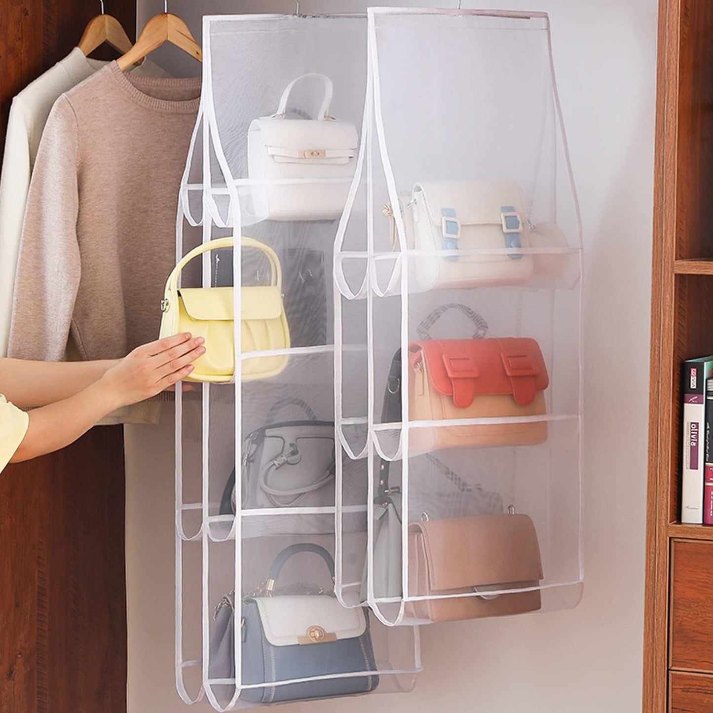 Hanging Handbag Purse Organizer,  2 Pack Transparent Hanging Closet Organizer with 8 Pockets, Washable Dust Proof Nylon Storage Bag for Closet and Wardrobe