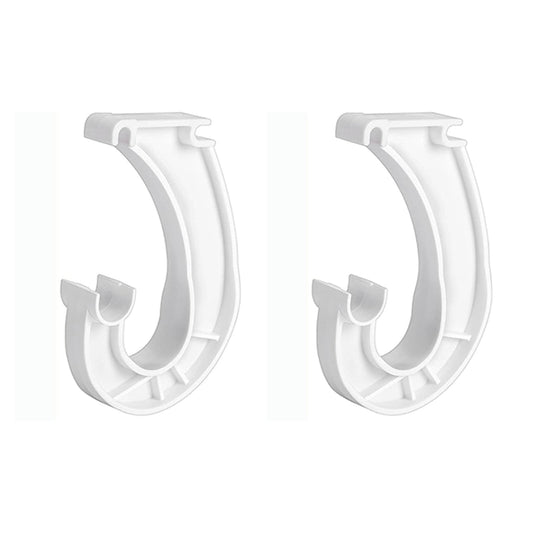 Pair of white J-shaped closet rod brackets with curved hooks and clips