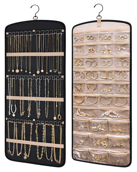 Black and beige hanging jewelry organizers with clear pockets for necklaces, earrings, rings