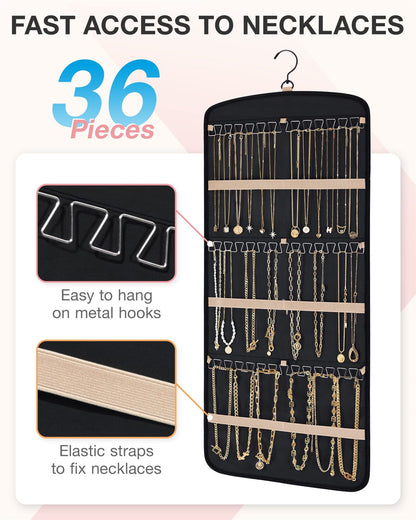Hanging Jewelry Organizer Necklace Holder Anti-tangle Earrings Rings Hanger with 20 Jewelry Bags Travel Storage Roll with Pockets Hang on Closet, Wall, Door,1 Piece, Large, Black