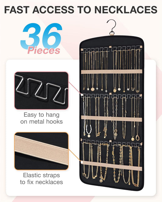 Black hanging jewelry organizer with wave-shaped metal hooks and elastic straps for necklaces