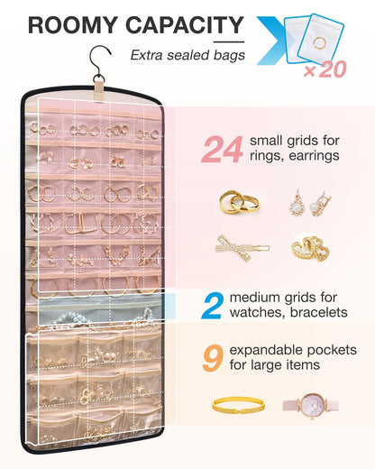 Hanging Jewelry Organizer Necklace Holder Anti-tangle Earrings Rings Hanger with 20 Jewelry Bags Travel Storage Roll with Pockets Hang on Closet, Wall, Door,1 Piece, Large, Black