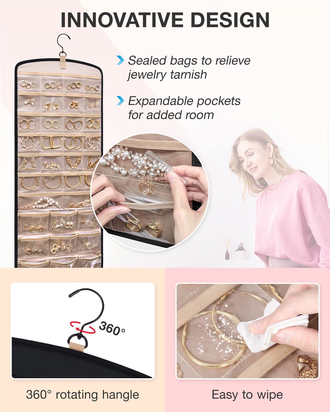 Hanging Jewelry Organizer Necklace Holder Anti-tangle Earrings Rings Hanger with 20 Jewelry Bags Travel Storage Roll with Pockets Hang on Closet, Wall, Door,1 Piece, Large, Black