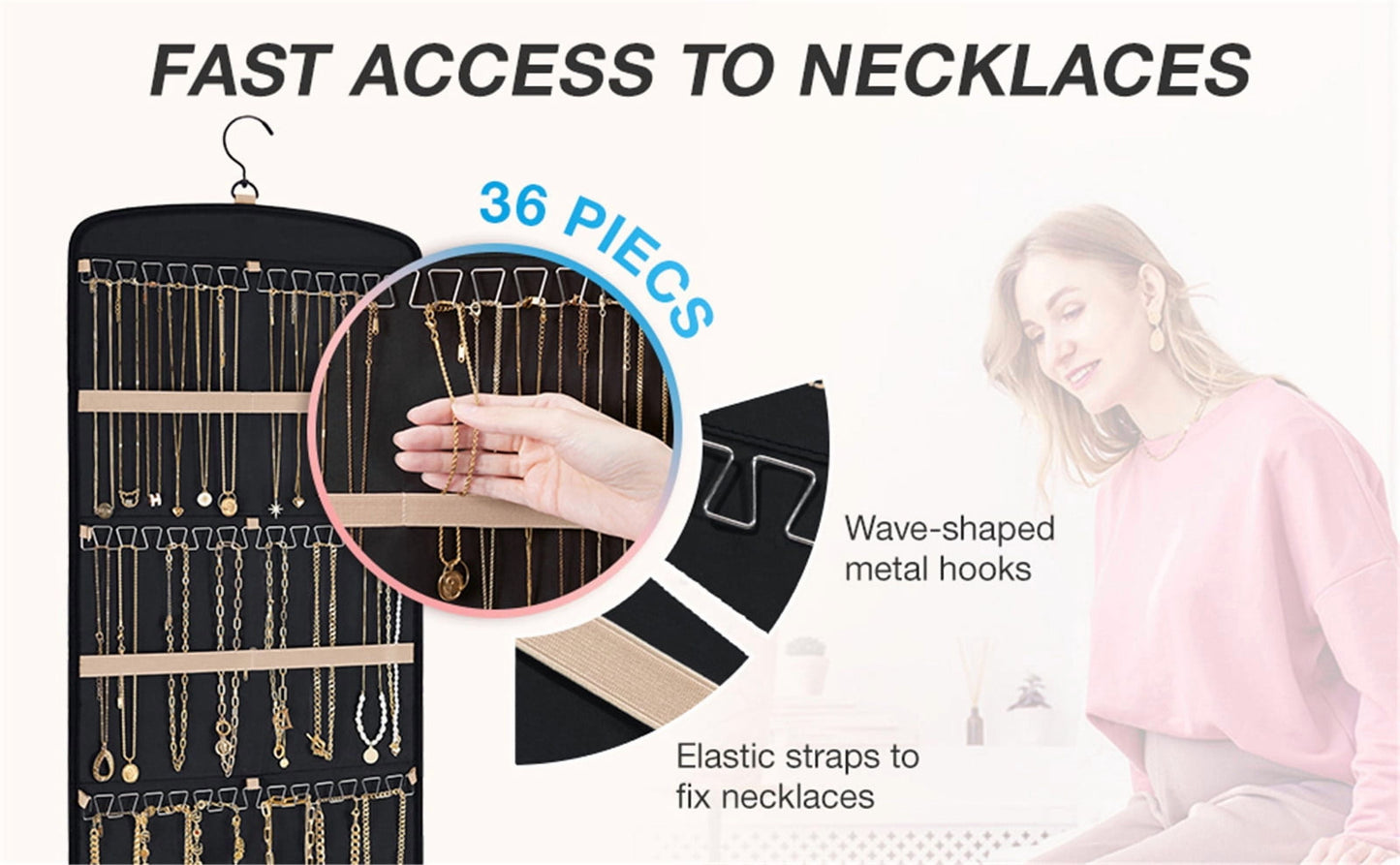 Hanging Jewelry Organizer Necklace Holder Anti-tangle Earrings Rings Hanger with 20 Jewelry Bags Travel Storage Roll with Pockets Hang on Closet, Wall, Door,1 Piece, Large, Black