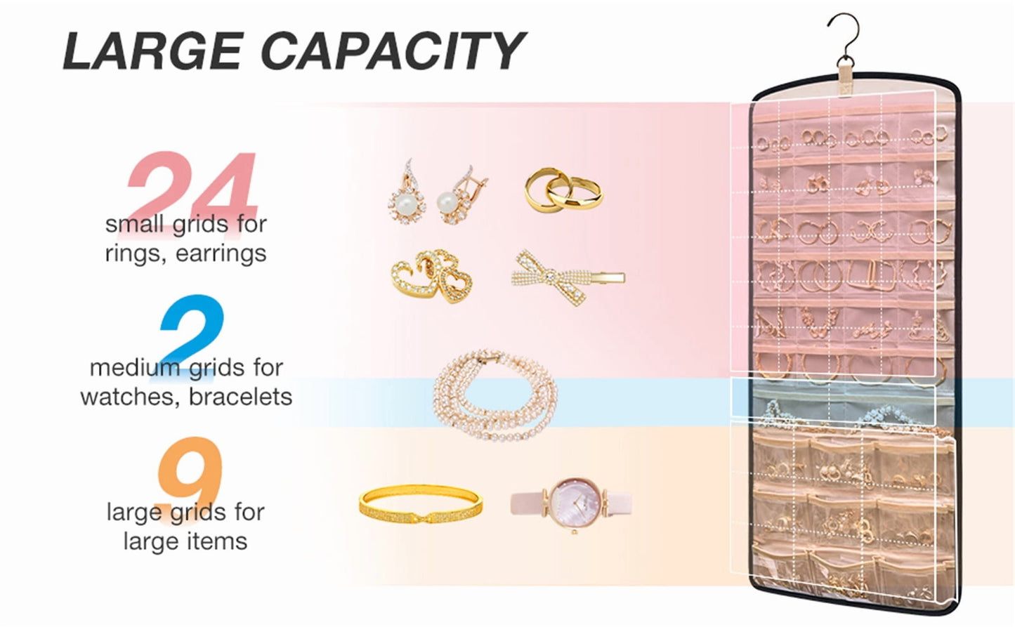 Hanging Jewelry Organizer Necklace Holder Anti-tangle Earrings Rings Hanger with 20 Jewelry Bags Travel Storage Roll with Pockets Hang on Closet, Wall, Door,1 Piece, Large, Black