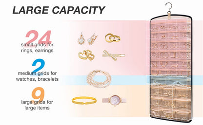 Hanging Jewelry Organizer Necklace Holder Anti-tangle Earrings Rings Hanger with 20 Jewelry Bags Travel Storage Roll with Pockets Hang on Closet, Wall, Door,1 Piece, Large, Black