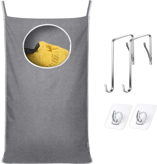 Grey hanging laundry hamper bag with circular front opening pocket