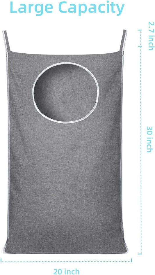 Grey hanging laundry hamper bag with large front panel and circular opening