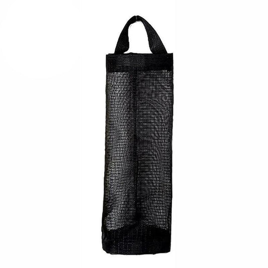 Black mesh hanging bag organizer with top handle and open sides
