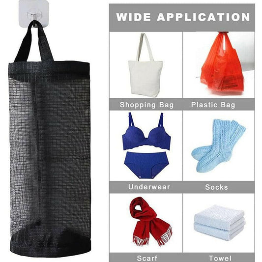 Black mesh hanging bag organizer shown with elastic top and wide opening
