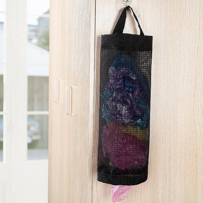 Hanging Mesh Bag Organizer Dispenser for Plastic or Trash Bags Storage Holder - Black