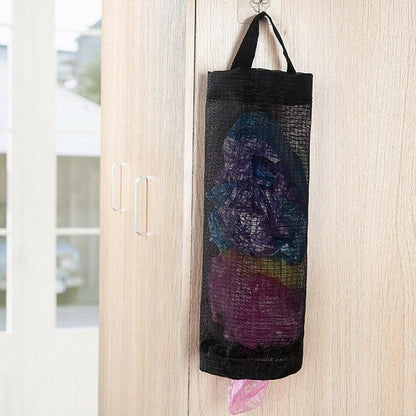 Hanging Mesh Bag Organizer Dispenser for Plastic or Trash Bags Storage Holder - Black