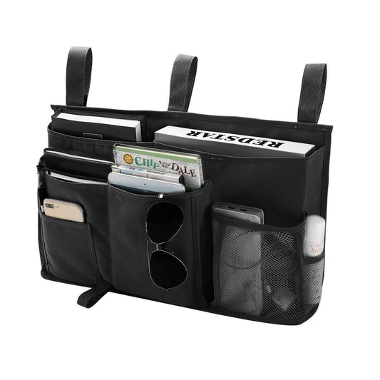 Black hanging bedside storage organizer bag with multiple pockets and hanging straps