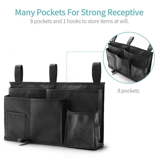 Black hanging storage bag with 8 pockets and mesh front panel