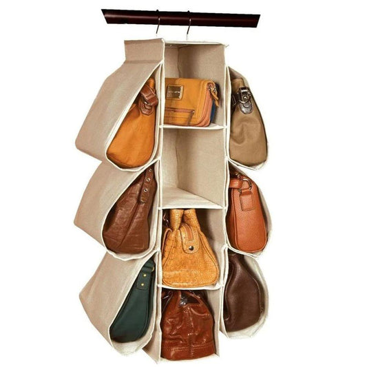Hanging purse organizer open, showing pocket grid for multiple purses