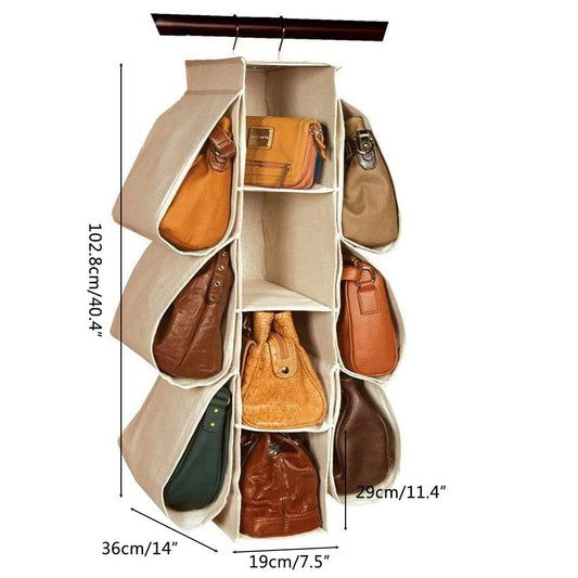 Hanging purse organizer size diagram with vertical pocket layout and measurements