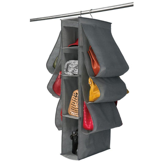 Hanging closet purse organizer with 10 compartments in dark gray