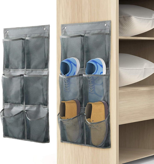Grey over-door shoe organizer with 6 large pockets for storing shoes