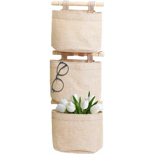Three-layer hanging storage bag with pockets, beige linen-cotton canvas, wooden top bar