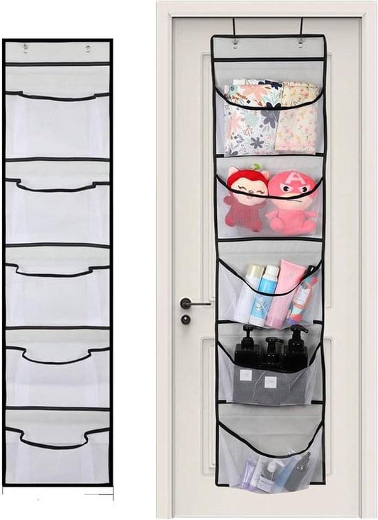 Hanging storage organizer with five mesh pockets and black fabric dividers, door-hung.