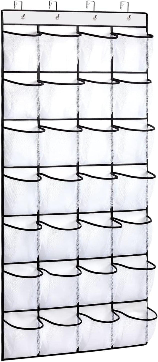 Transparent hanging shoe organizer with 28 clear mesh compartments and black trim