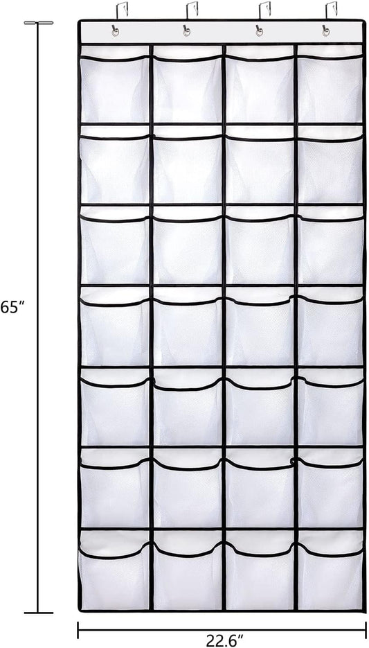 Hanging shoe organizer with clear mesh pockets and black grid, door-hanging hooks