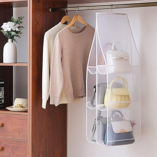 Hanging closet organizer shelf with 6 clear pockets for clothes and handbags